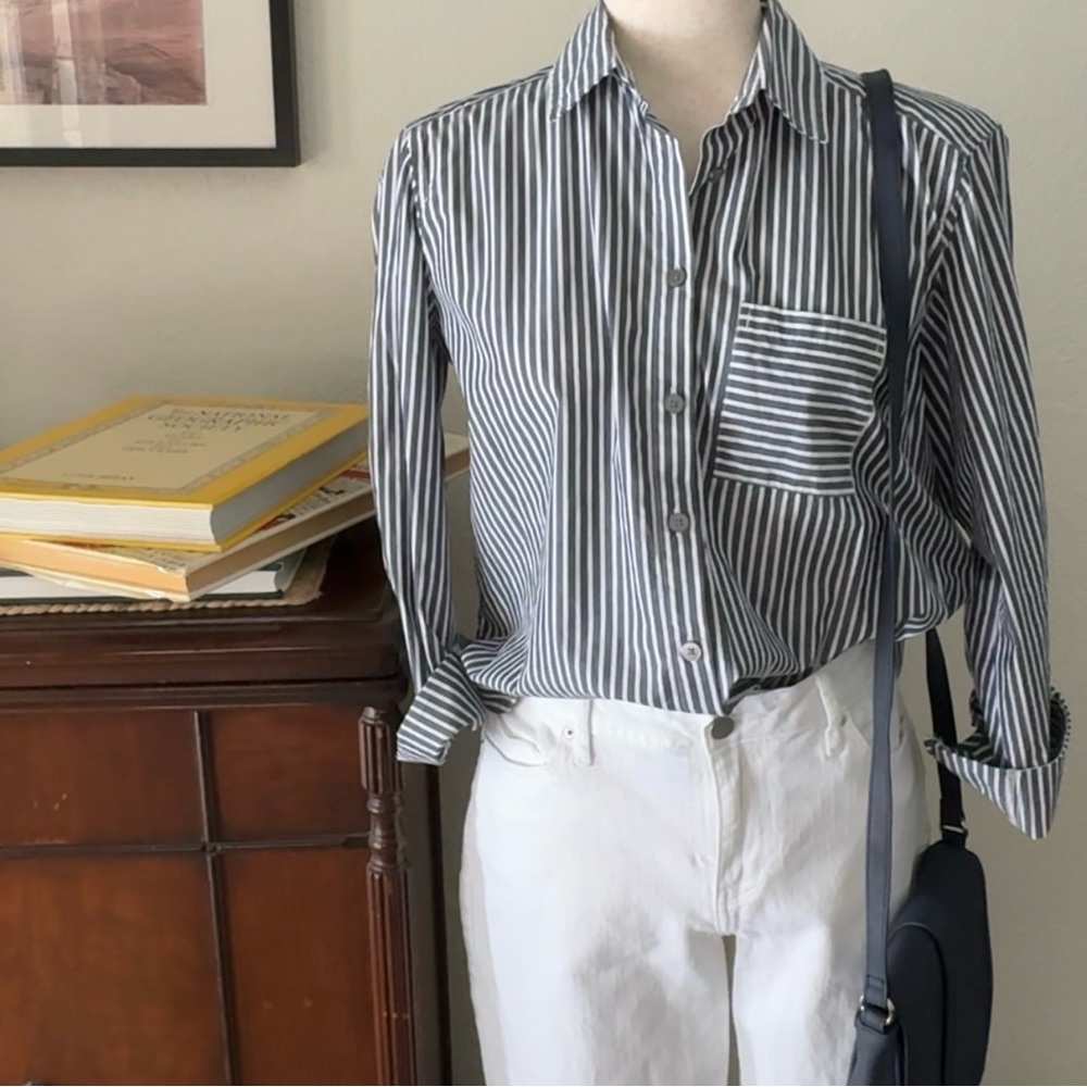 LOFT Navy & White Striped Cotton Button-Up Shirt | Size XS